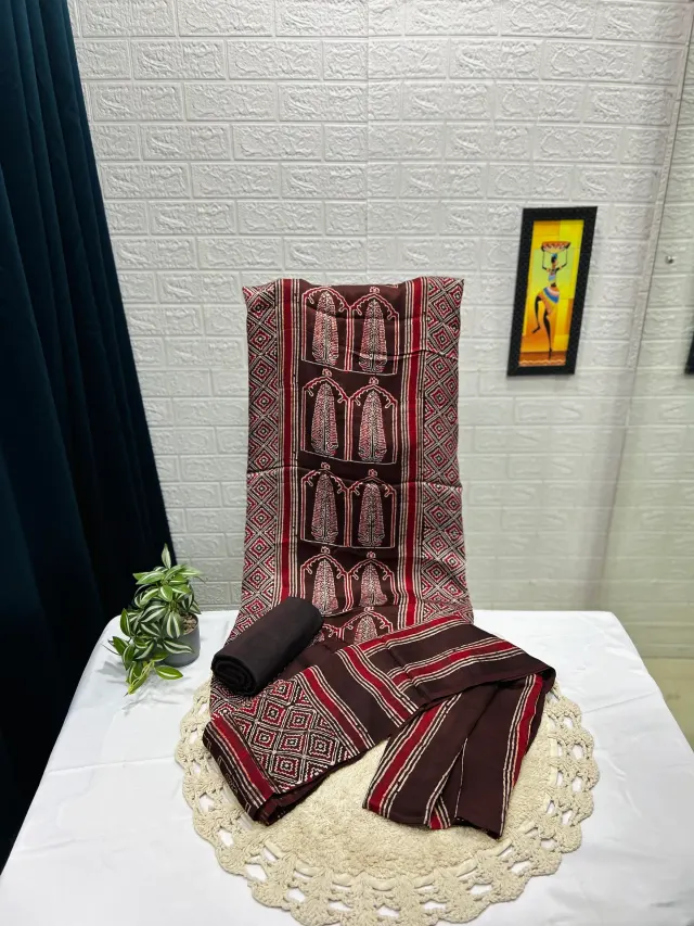 Brown & Red Ajrakh Block Print Chudidhar Material