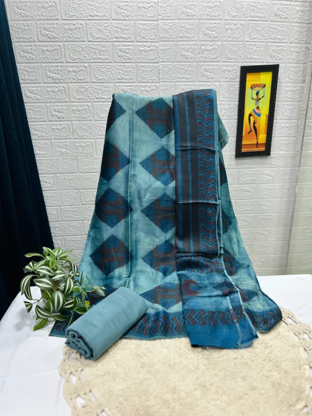 Teal Blue Geometric Diamond Print Chudidhar Material