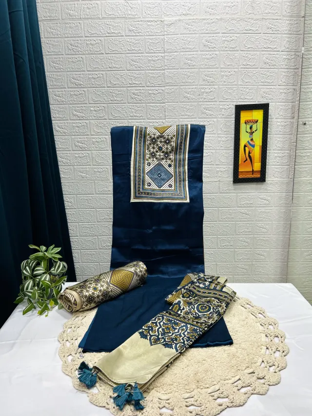 Navy Blue & Cream Ajrakh-Inspired Yoke Chudidhar Material