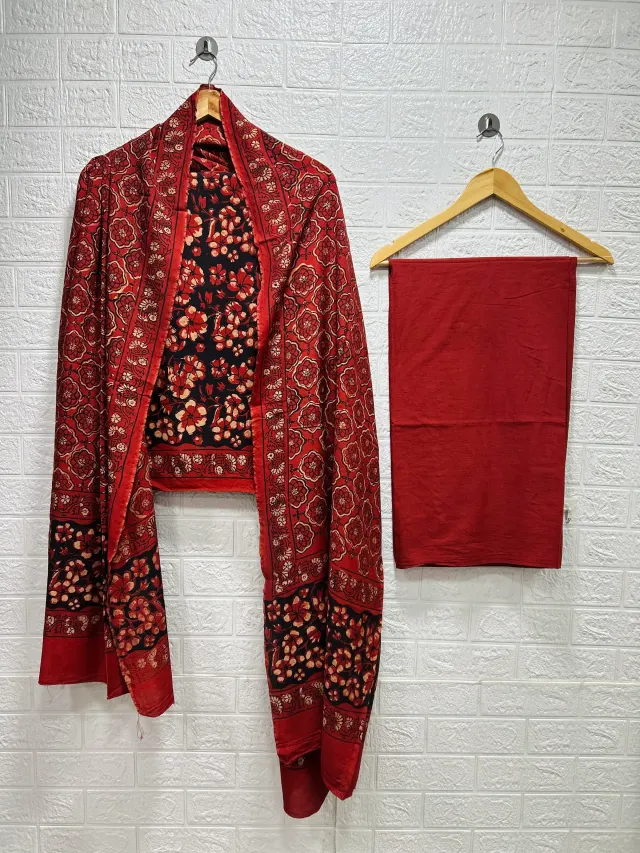 Red & Black Ajrakh Block Print Chudidhar Material