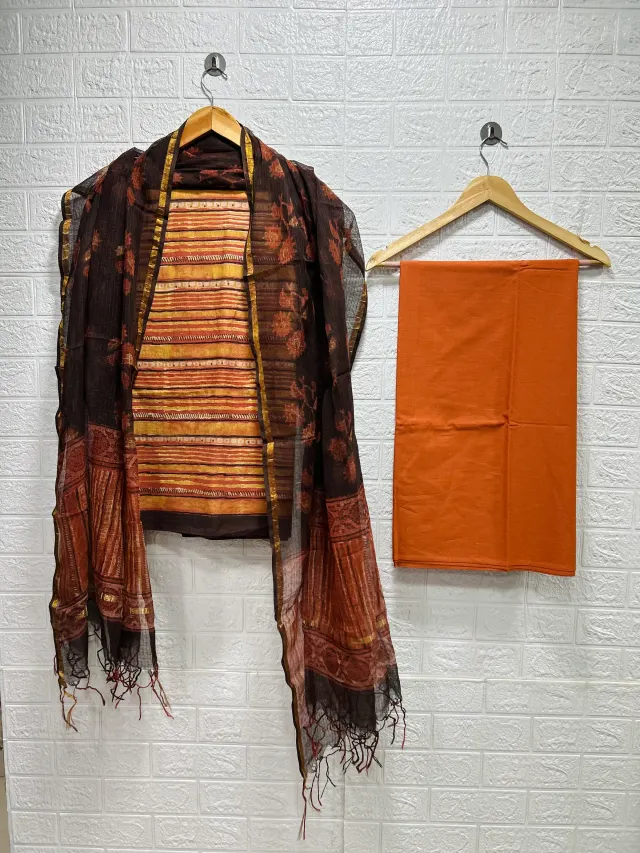 Rust Orange & Chocolate Brown Striped Block Print Chudidhar Material