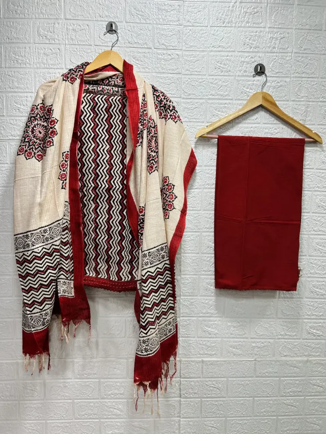 Red, Black & Cream Zigzag Mandala Block Print Chudidhar Material
