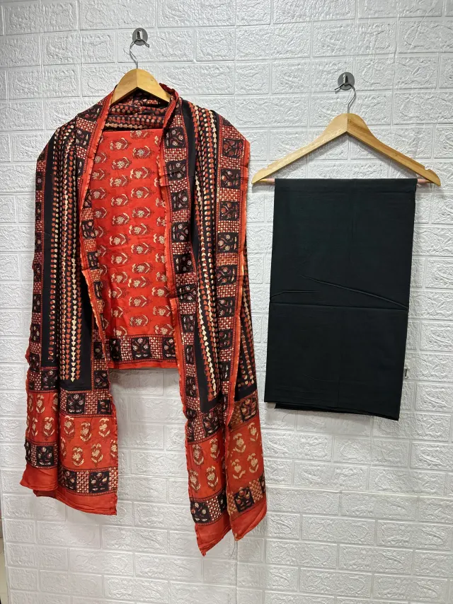 Rust Red & Black Ajrakh Butta Block Print Chudidhar Material