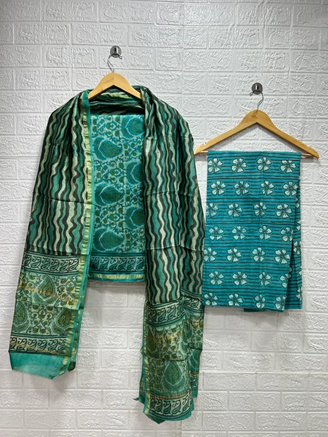 Teal Green Paisley Block Print Chudidhar Material with Zari Dupatta